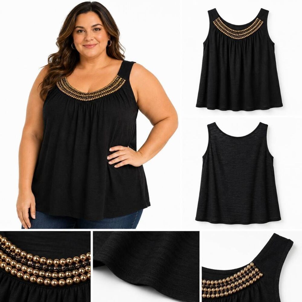 Alyx Woman 1X Black Beaded Sleeveless Blouse Plus